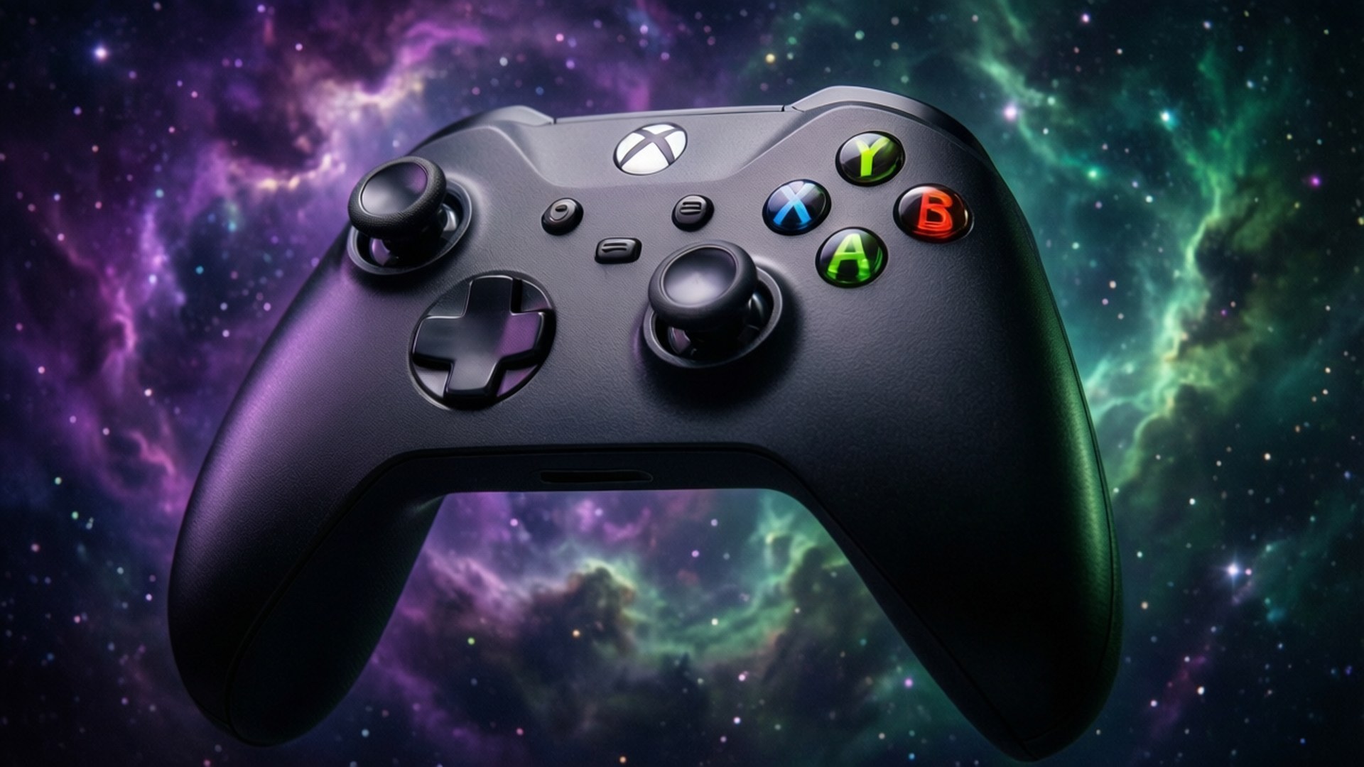 黑色Xbox手掣在色彩繽紛的宇宙星雲背景前，有星星