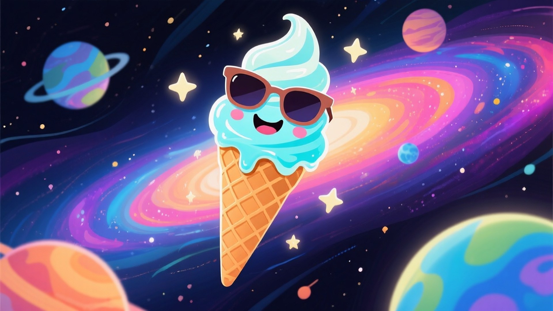 一個戴著太陽眼鏡的微笑雪糕筒，漂浮在一個有行星和星星的彩色太空場景中。