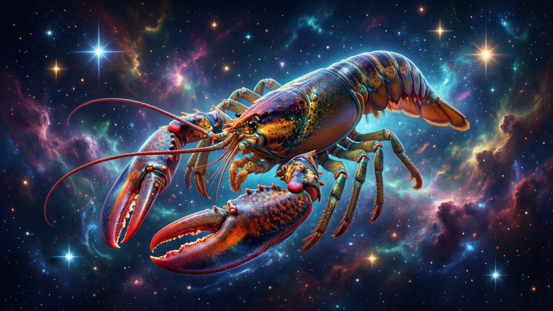 Cosmic Crustacean 壁紙 — 一隻擁有彩虹色外殼和紅色鉗子的巨型龍蝦漂浮在充滿閃爍星星的鮮豔宇宙星雲中。