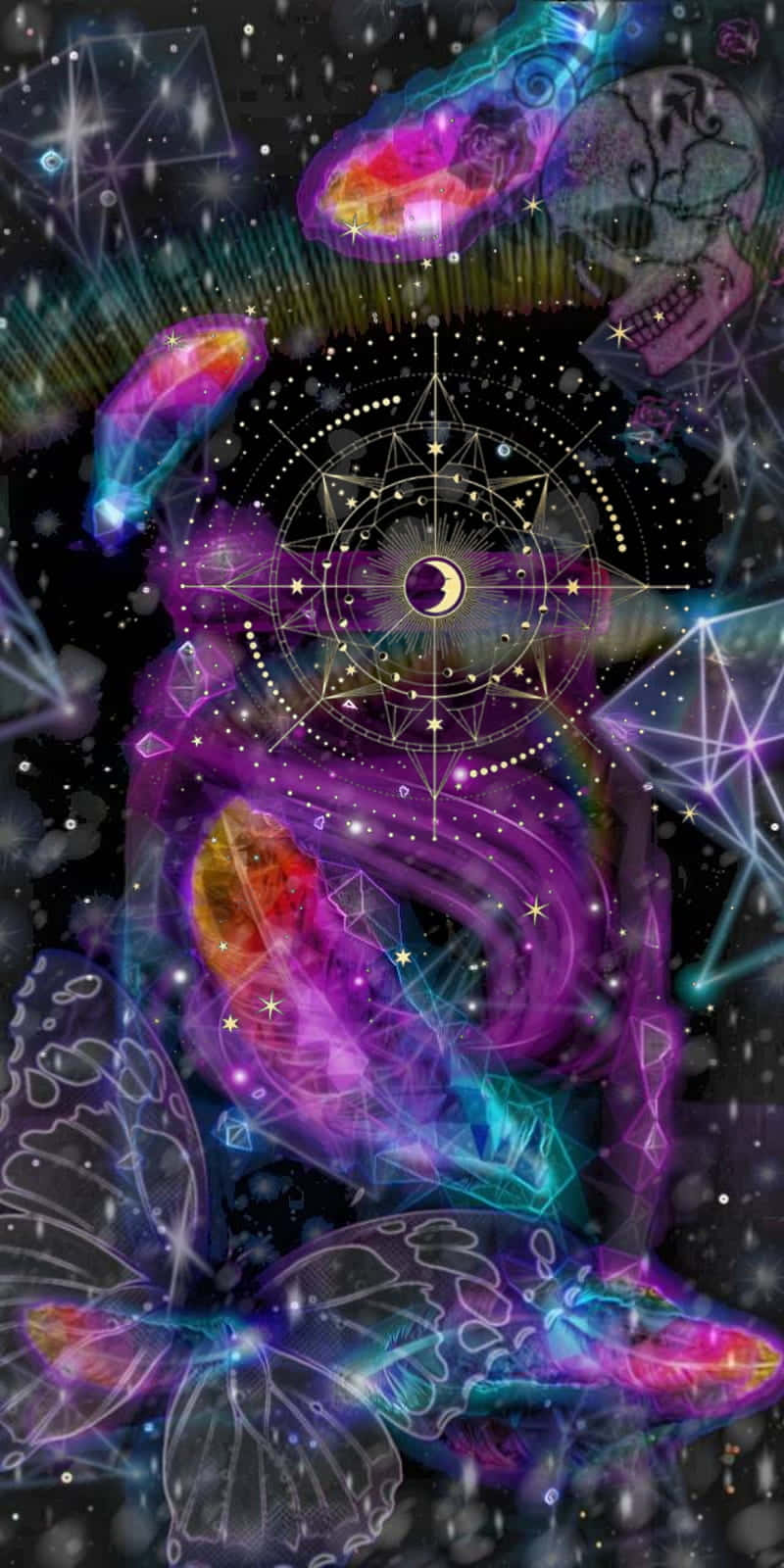 壁紙 — 一幅宇宙數碼藝術作品，以發光的星雲、幾何星座和一彎新月為特色，背景是繁星點點的黑色。