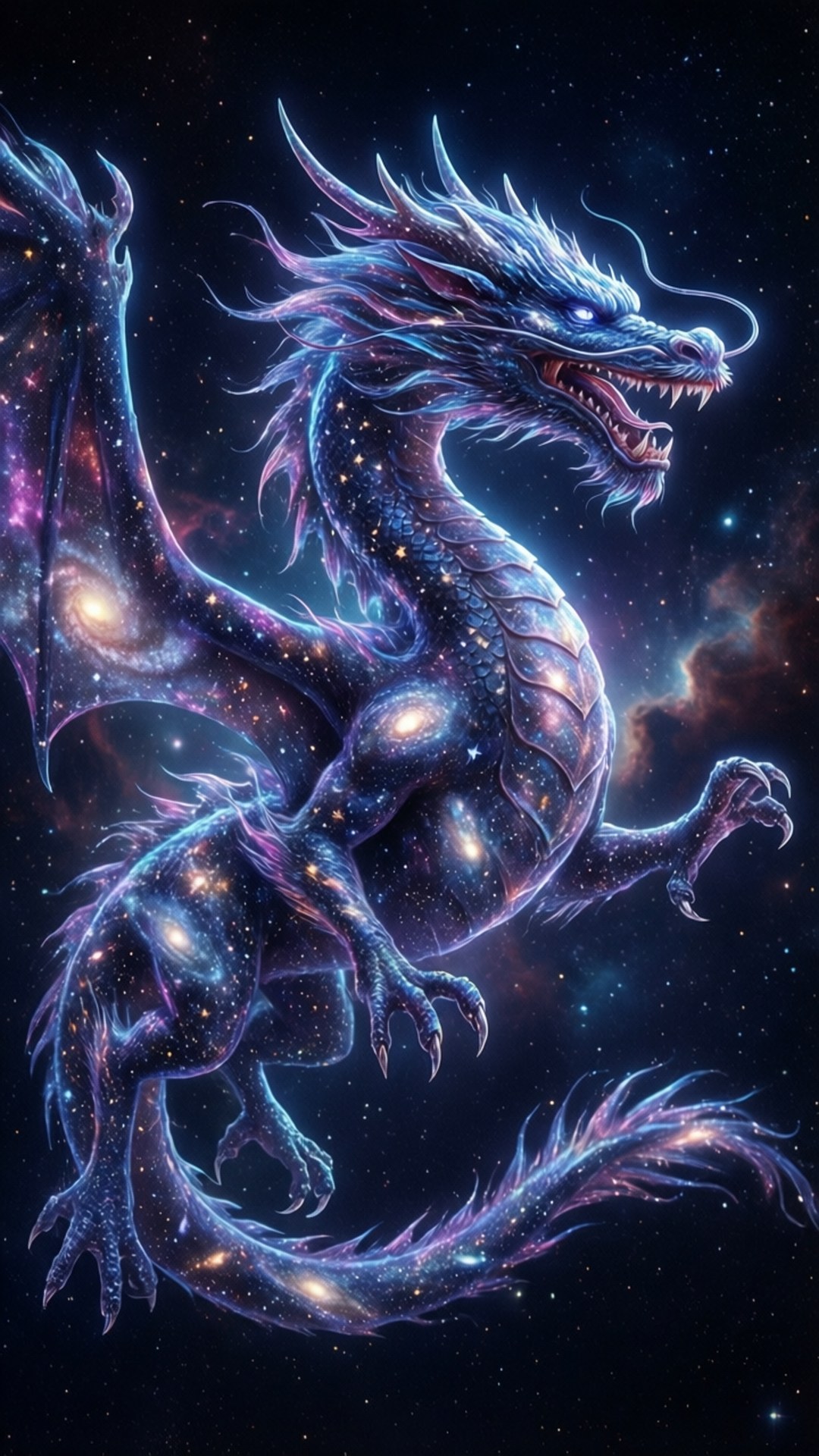 一條帶有藍色和紫色鱗片的宇宙龍飛過一個有星雲的繁星銀河。