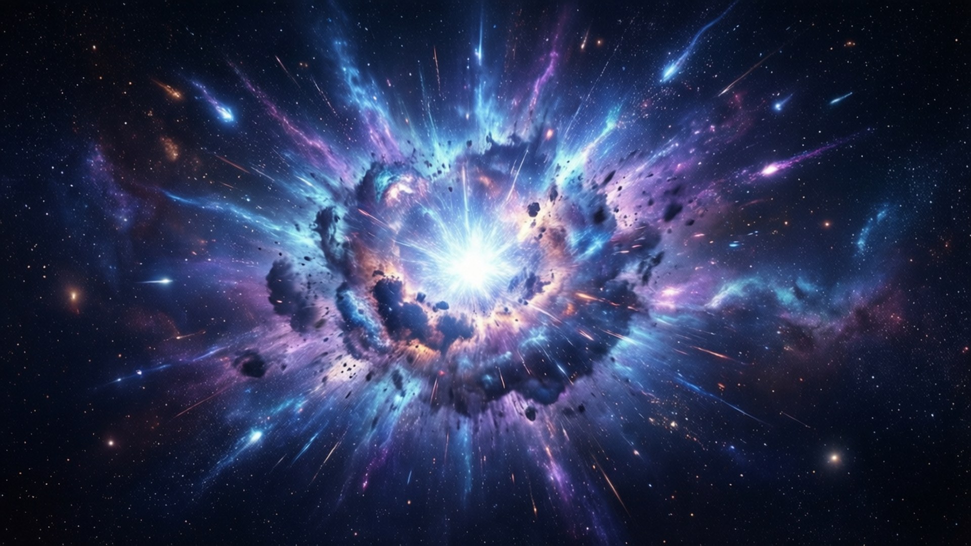 Supernova 桌布 壁紙 — 一場宇宙爆炸在黑暗虛空中，透過旋轉的星雲和散落的星星，散發出燦爛的藍色和紫色光芒。