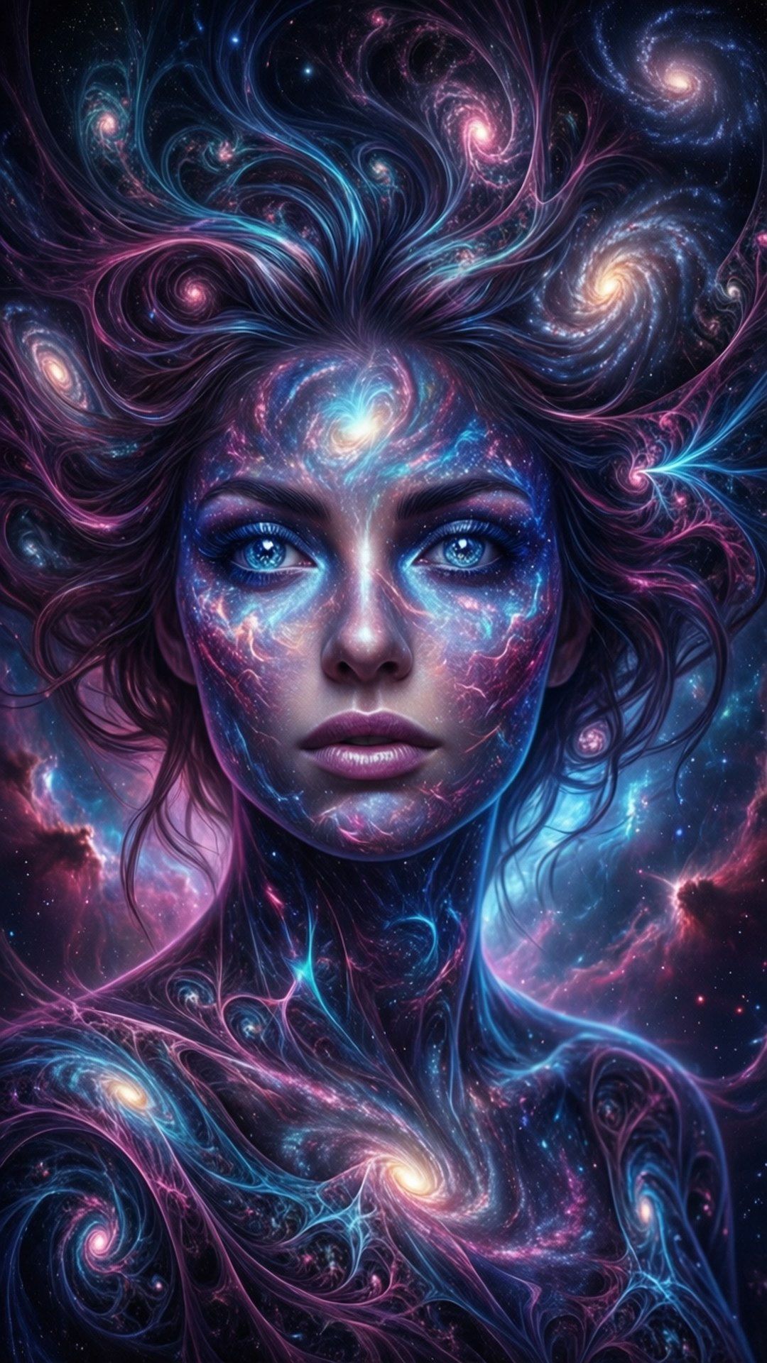 一個女人的臉和軀幹轉化為宇宙星雲，帶有旋轉的星系和發光的星星。