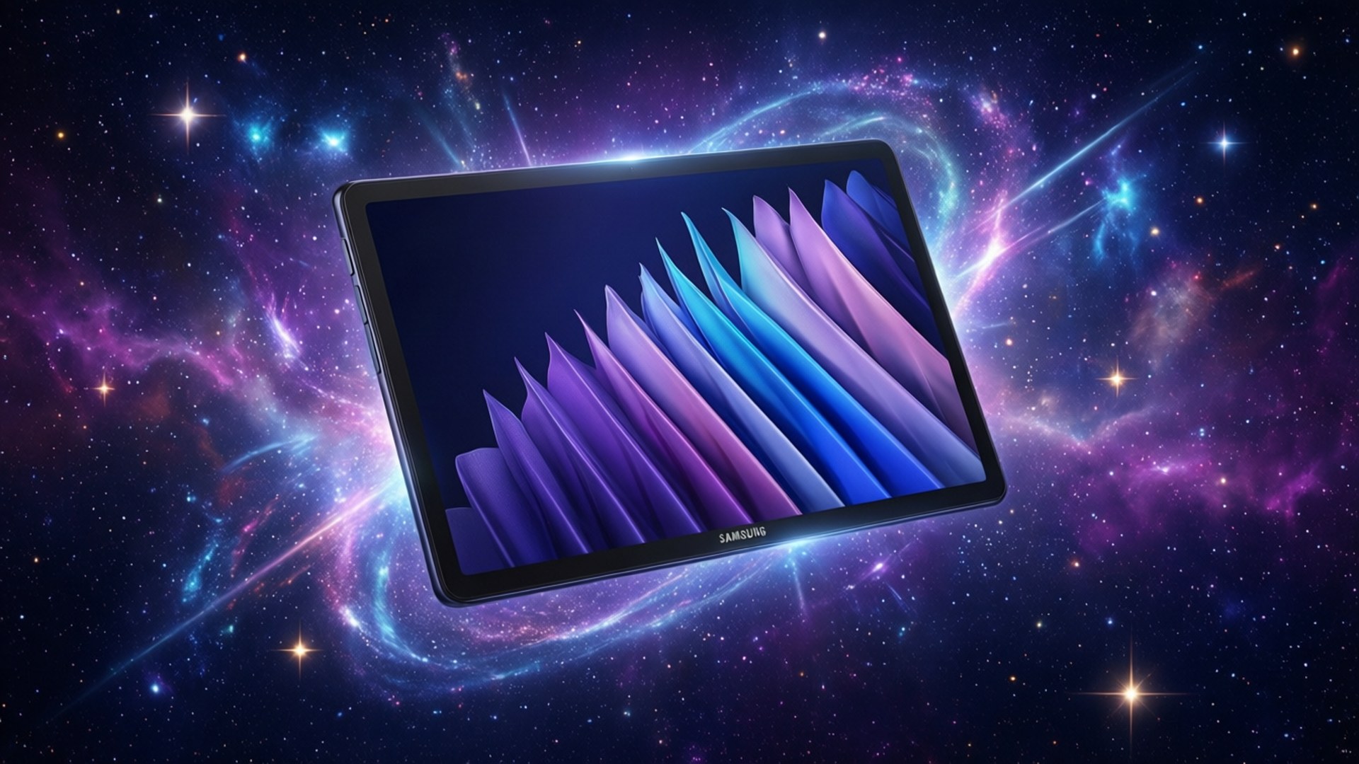 Samsung 平板電腦漂浮在色彩繽紛的宇宙空間中，有閃爍的星星和星雲