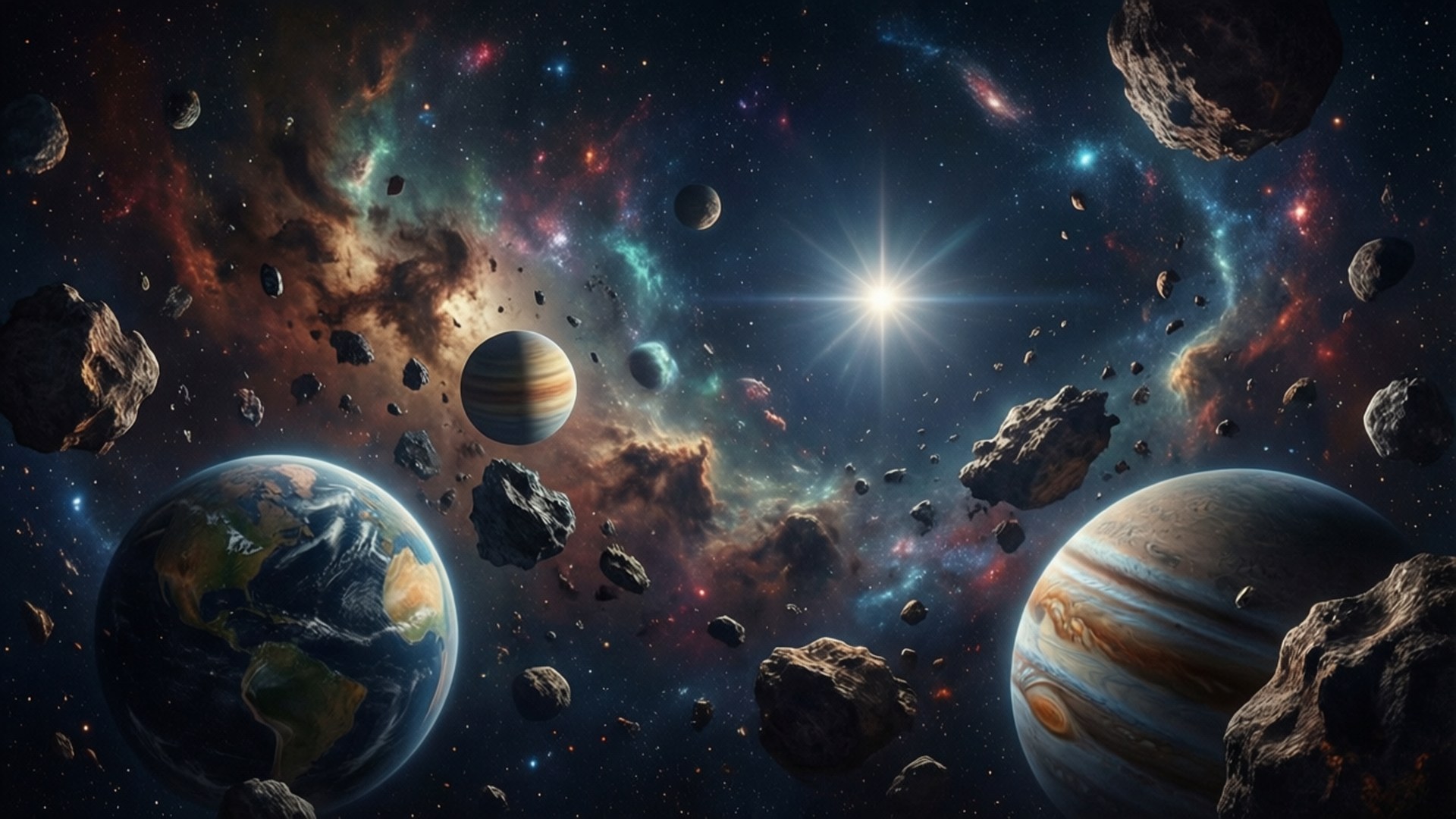 地球、木星和小行星在色彩繽紛的星雲中，伴隨一顆明亮的恆星