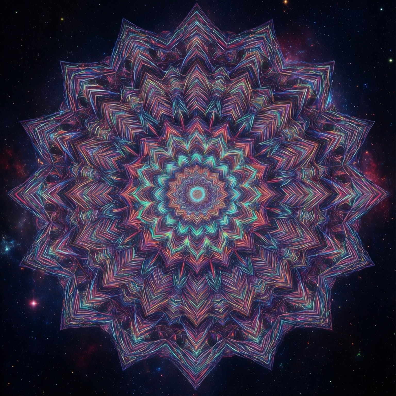 一個發光的幾何曼陀羅漂浮在充滿星星的星系中。