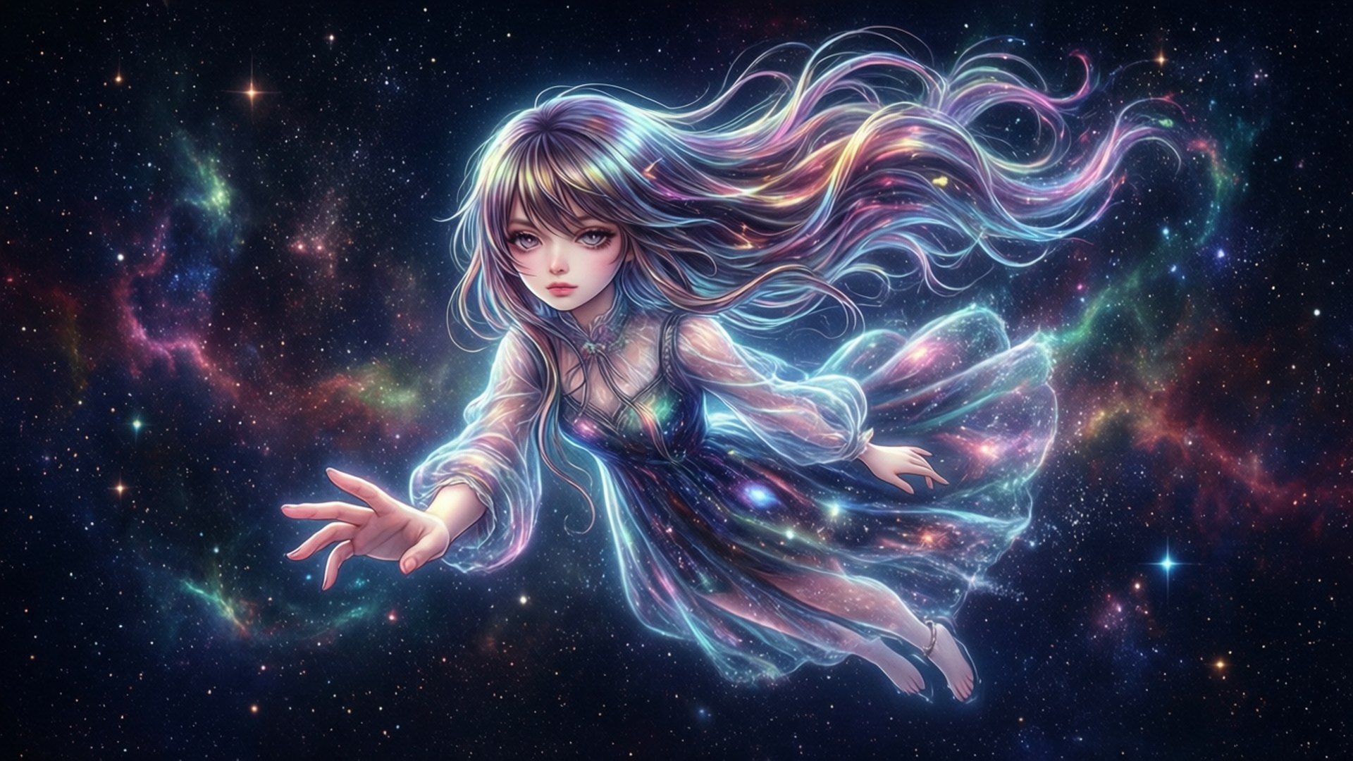 動漫女孩漂浮在色彩繽紛的星空星雲中，頭髮和裙子閃閃發光。