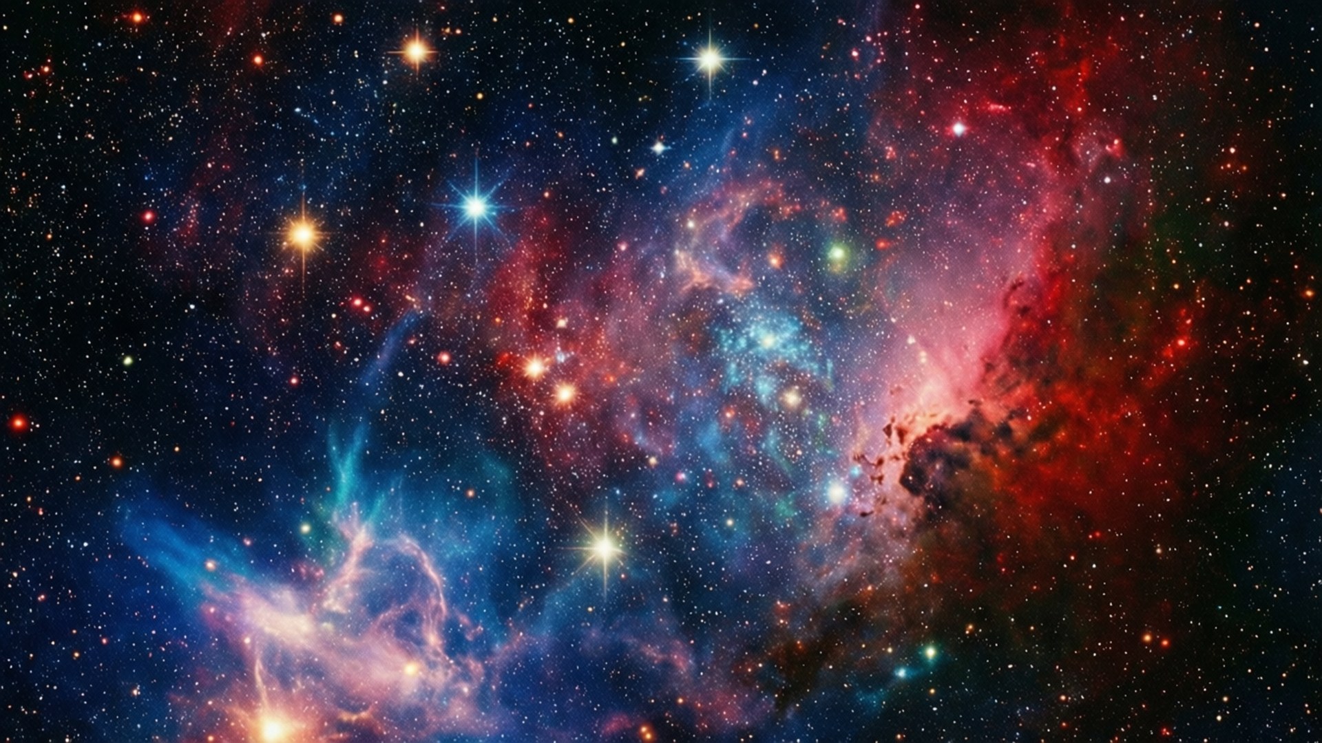 充滿活力的宇宙星雲，有旋轉的紅色、藍色和紫色雲層，被明亮的星星照亮，背景是黑暗虛空。
