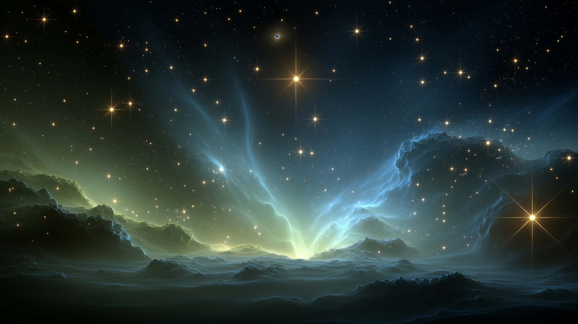 一個發光的藍色和綠色星雲從黑暗的雲層中升起，在星空下。