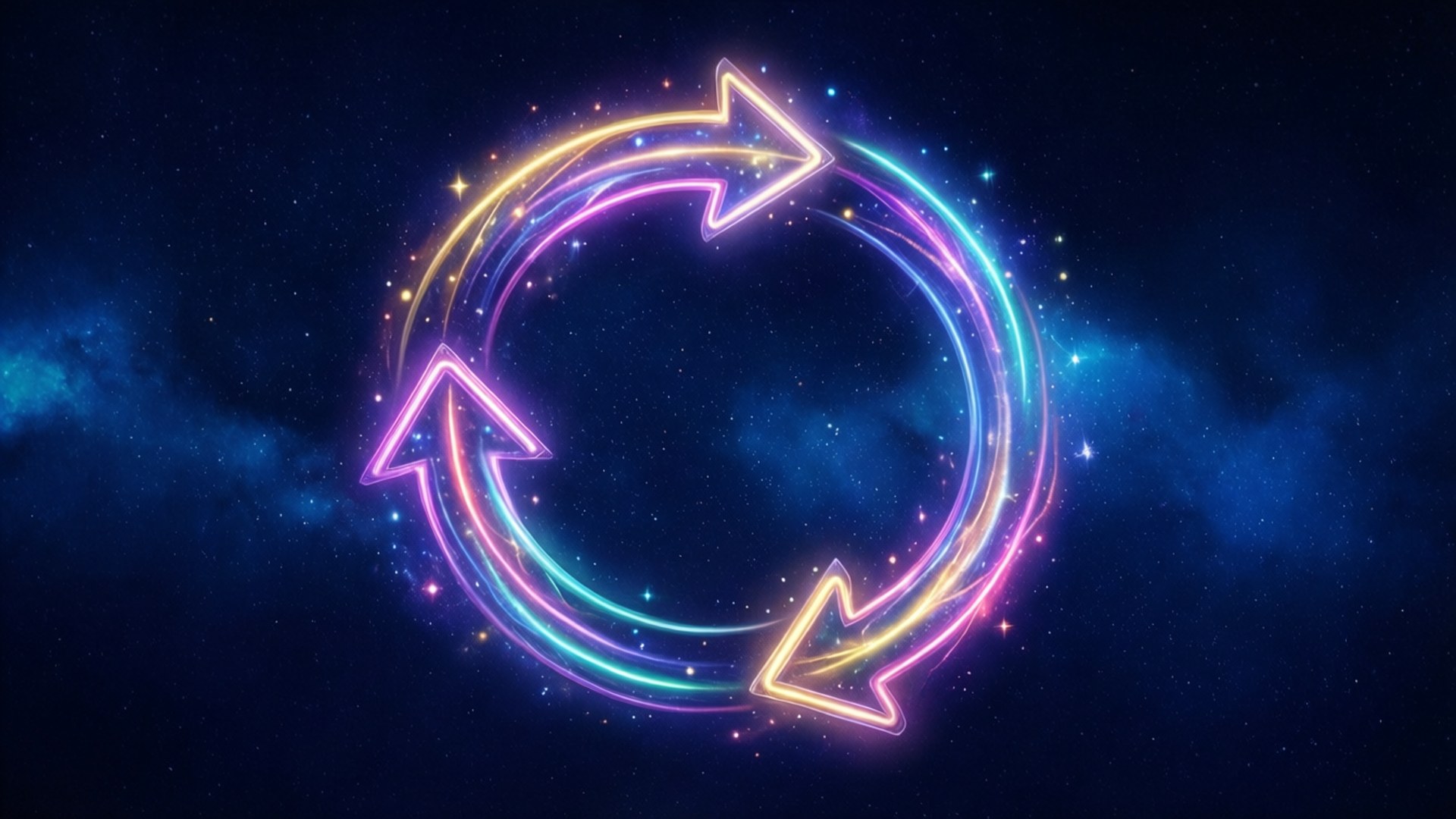 星空宇宙背景下的圓形環霓虹箭頭