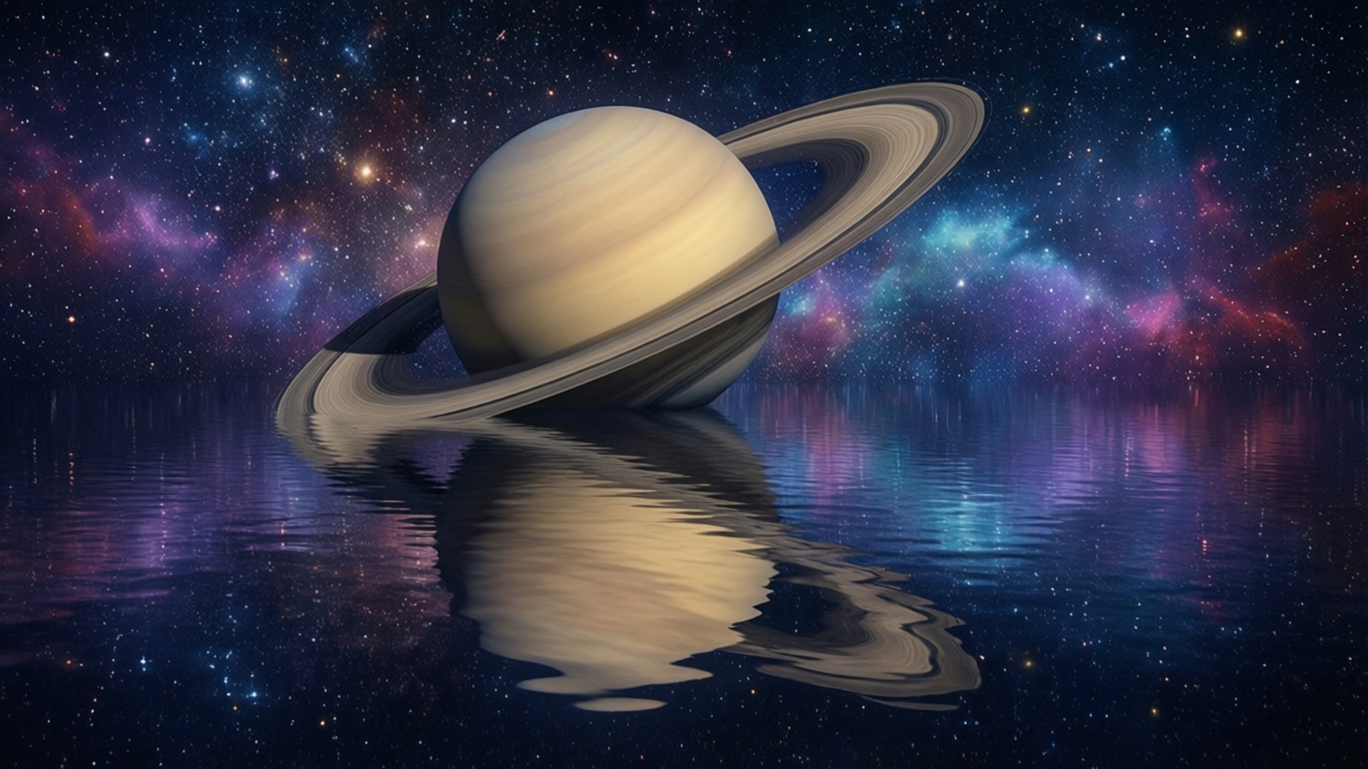 土星光環倒映在水中，下方是色彩繽紛的星雲天空
