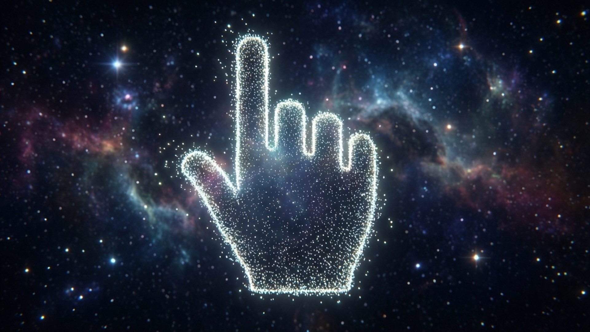 在繁星點點的宇宙背景上，帶有彩色星雲的發光數位手形游標。