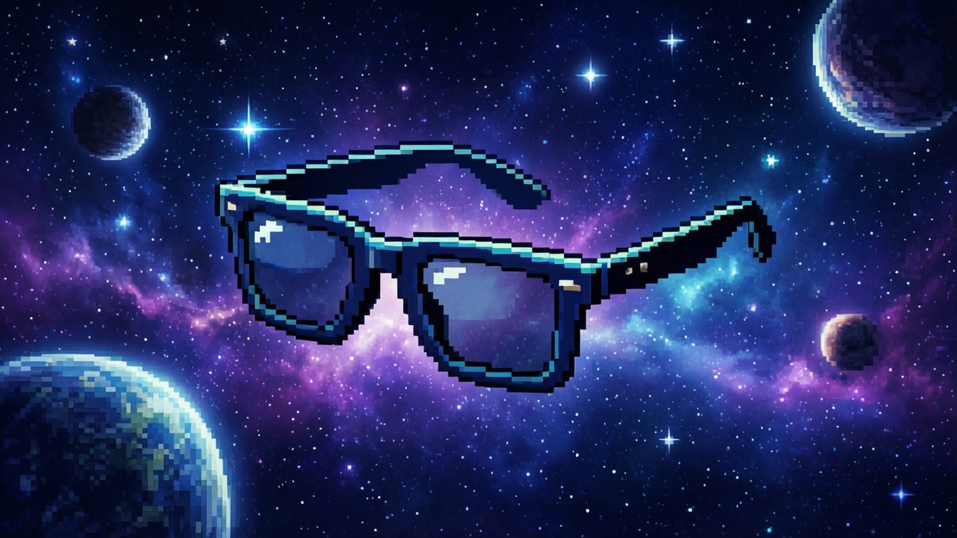 像素化太陽眼鏡漂浮在色彩繽紛的星空場景中，帶有行星