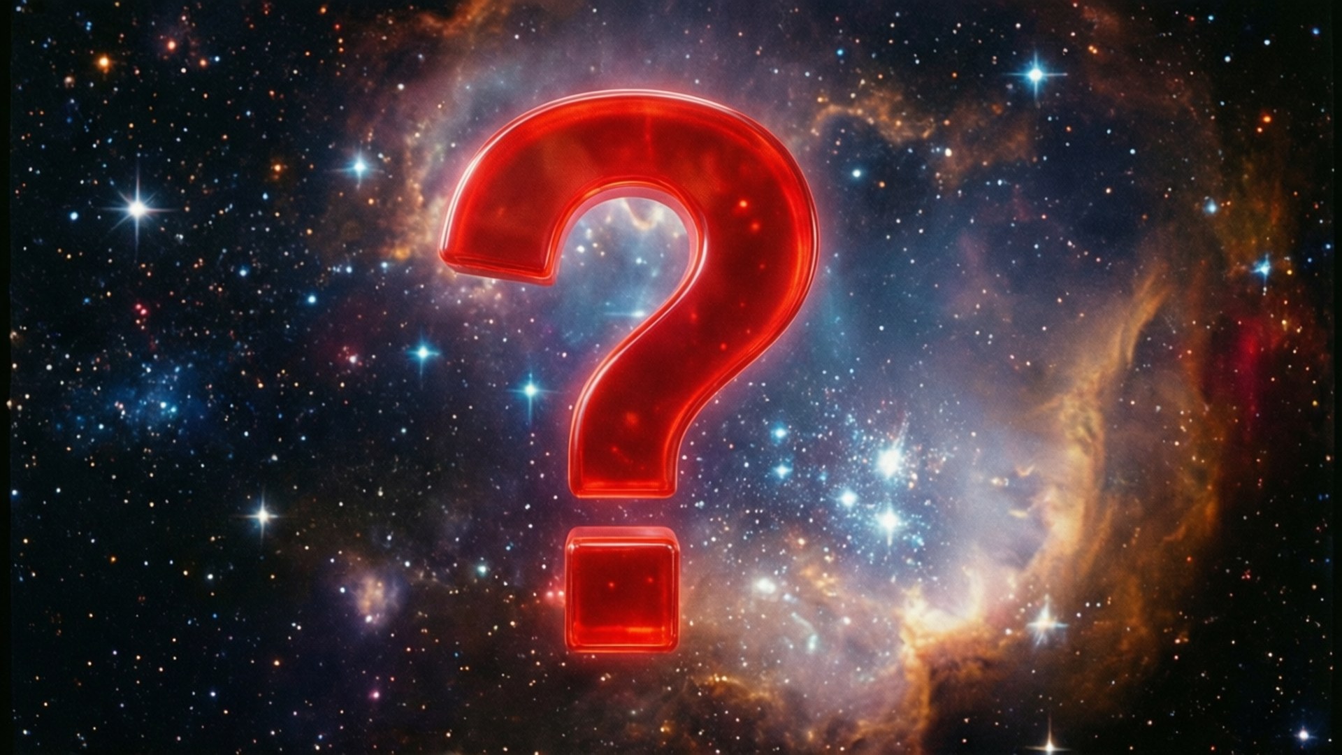 一個發光的紅色問號在色彩繽紛、佈滿星星的太空星雲中。