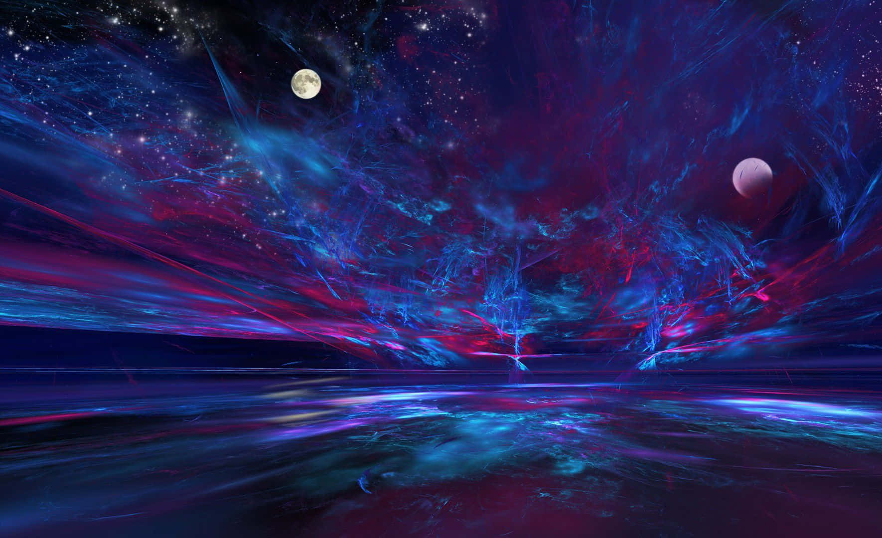 Abstract Landscape 桌布 壁紙 — 一個宇宙場景，充滿活力的藍色和紫色星雲在星空上劃過，下方是反射表面，有兩個月亮。