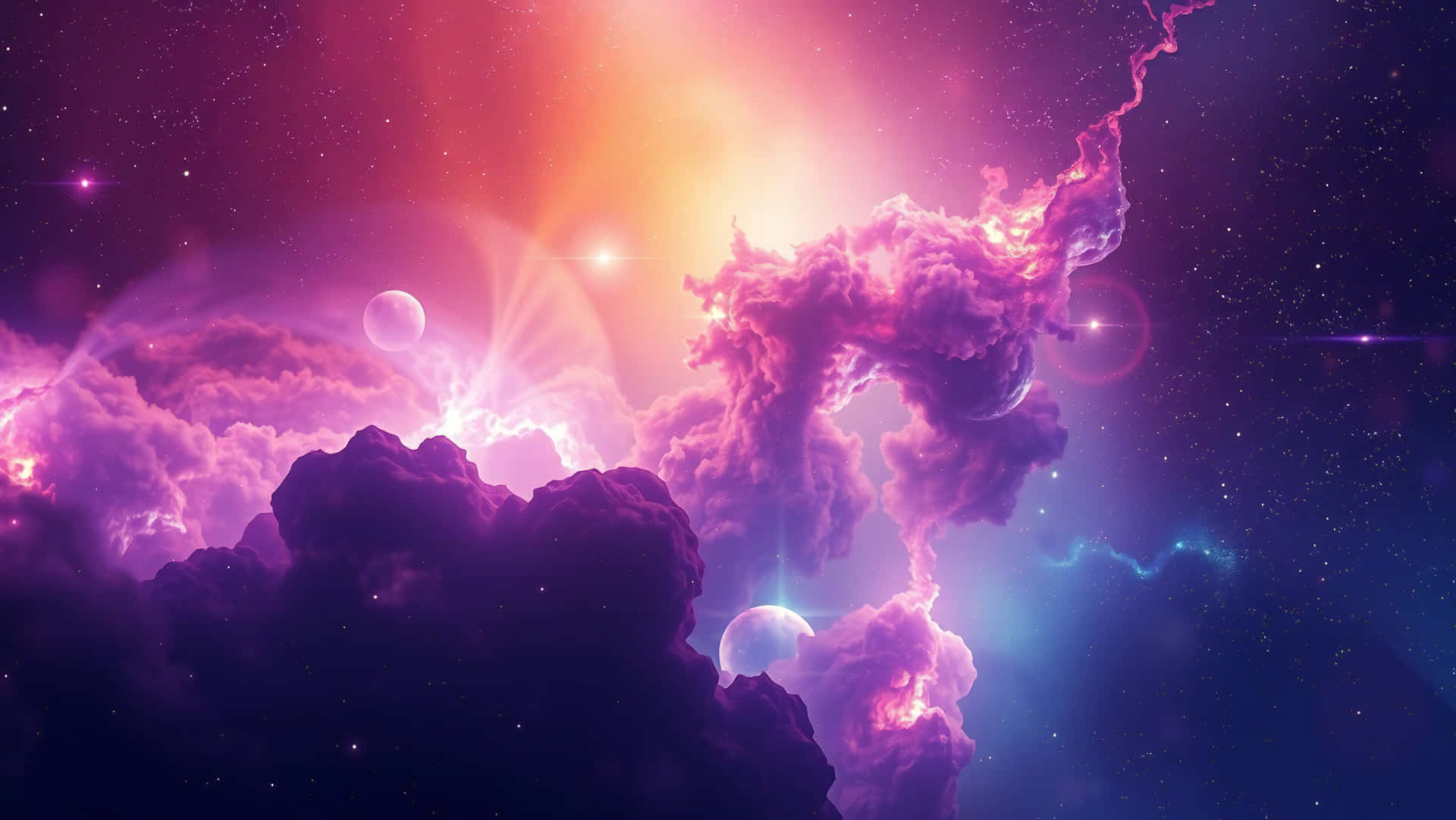 Cosmic Space 壁紙 — 充滿活力的宇宙雲層在洋紅色和紫羅蘭色中發光，在燦爛的橙色太陽下，漂浮的球體和星場。