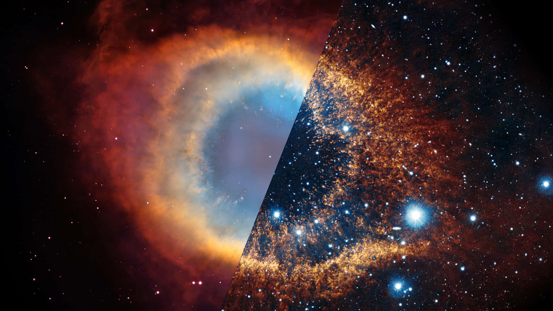  壁紙 — 一個宇宙分割視圖，展示一個發光的橙色和藍色星雲，旁邊是一個密集的星場，有明亮的藍色星星。