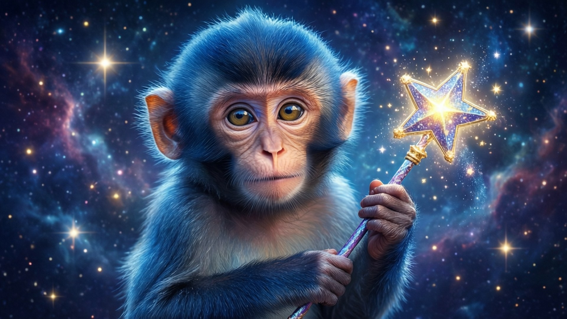一隻藍色猴子在星空宇宙場景中拿著發光的星星魔杖