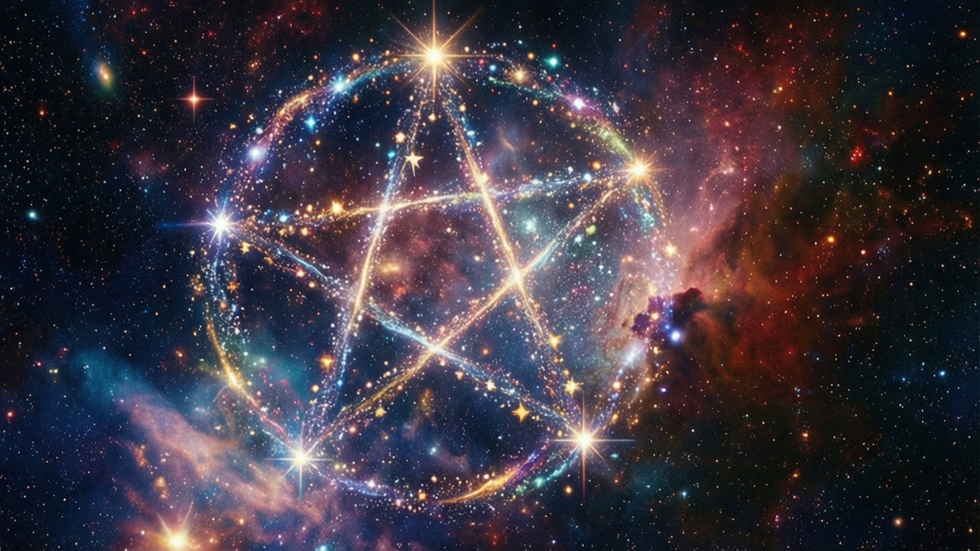 在色彩繽紛的宇宙星雲中，由星星組成的發光五角星和旋轉的氣體雲。