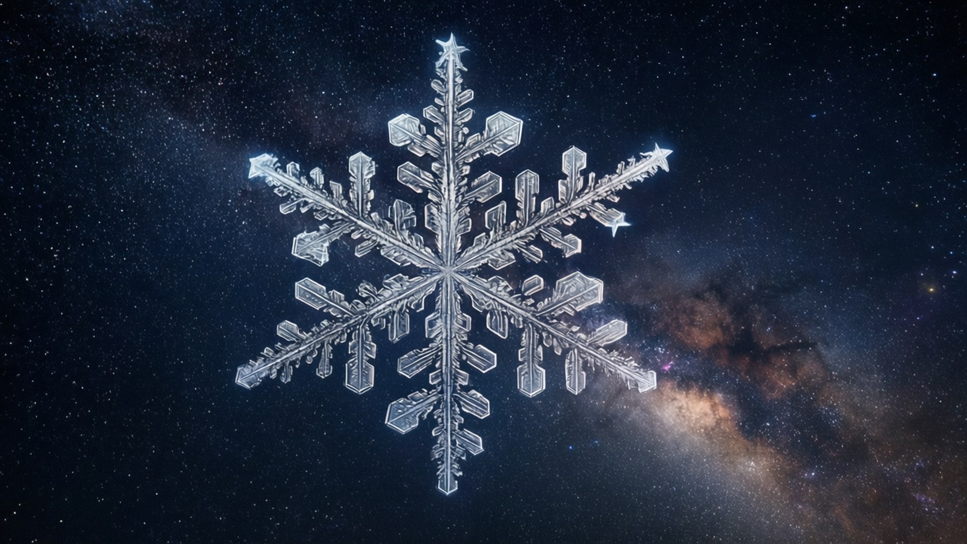 一個細節豐富的雪花懸浮在星光燦爛的星系中，伴隨著發光的星雲