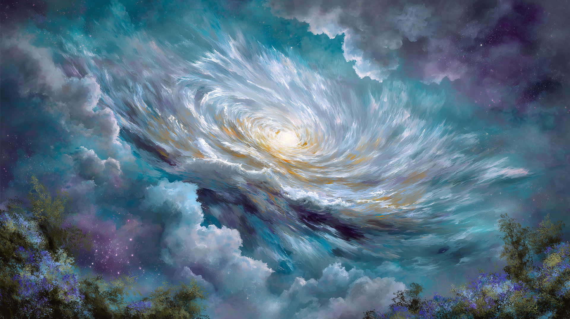 一個宇宙漩渦在星空下，在一片有紫色花朵的森林上方旋轉。