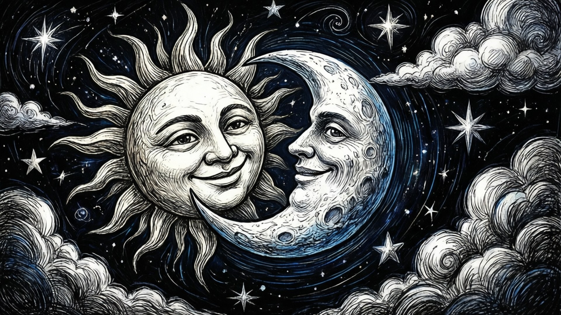 微笑的太陽和月亮臉龐在繁星點點的夜空中擁抱，周圍有旋轉的雲朵。