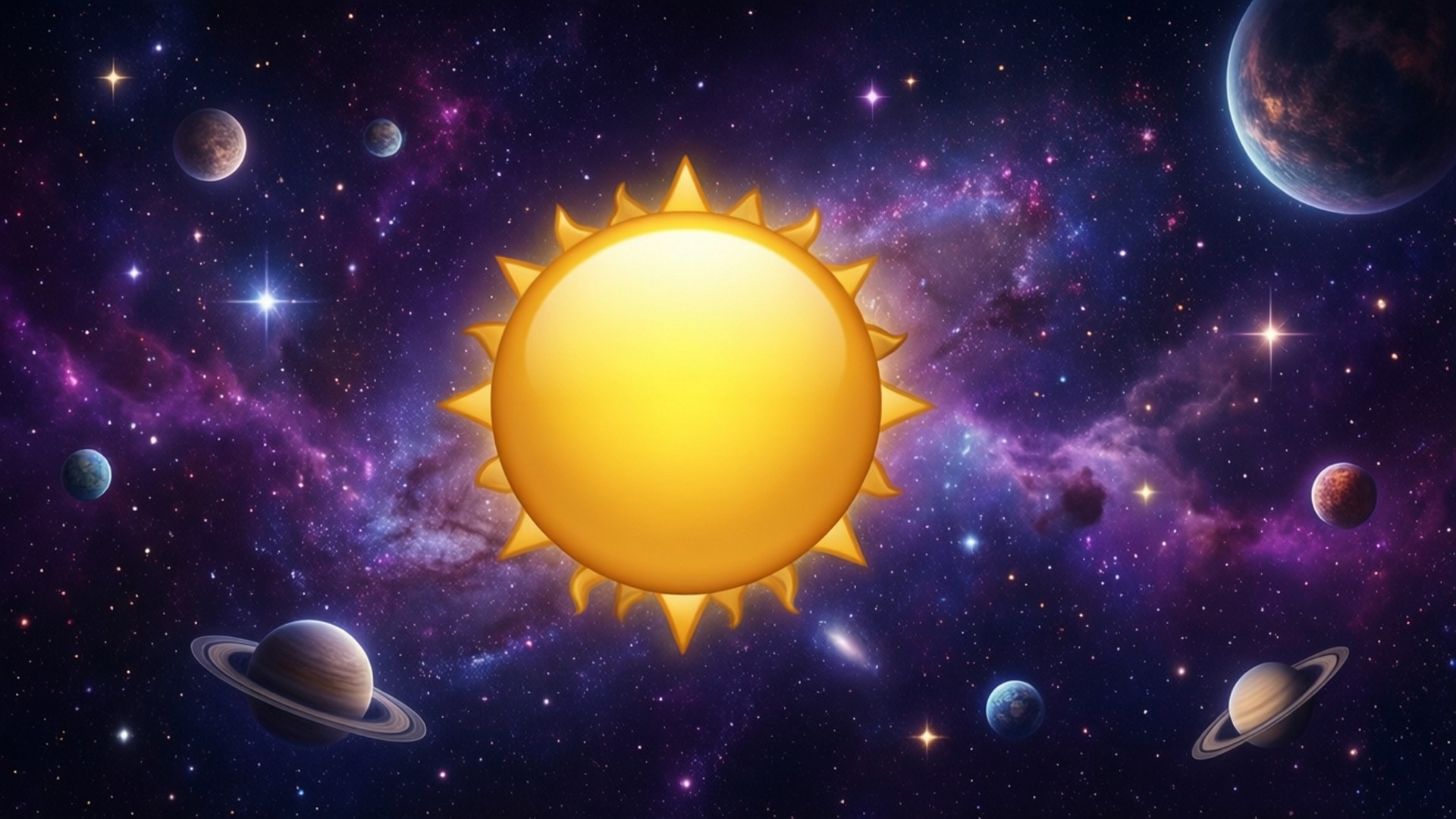 一顆發光的太陽，被行星和彩色宇宙雲環繞在深空中。