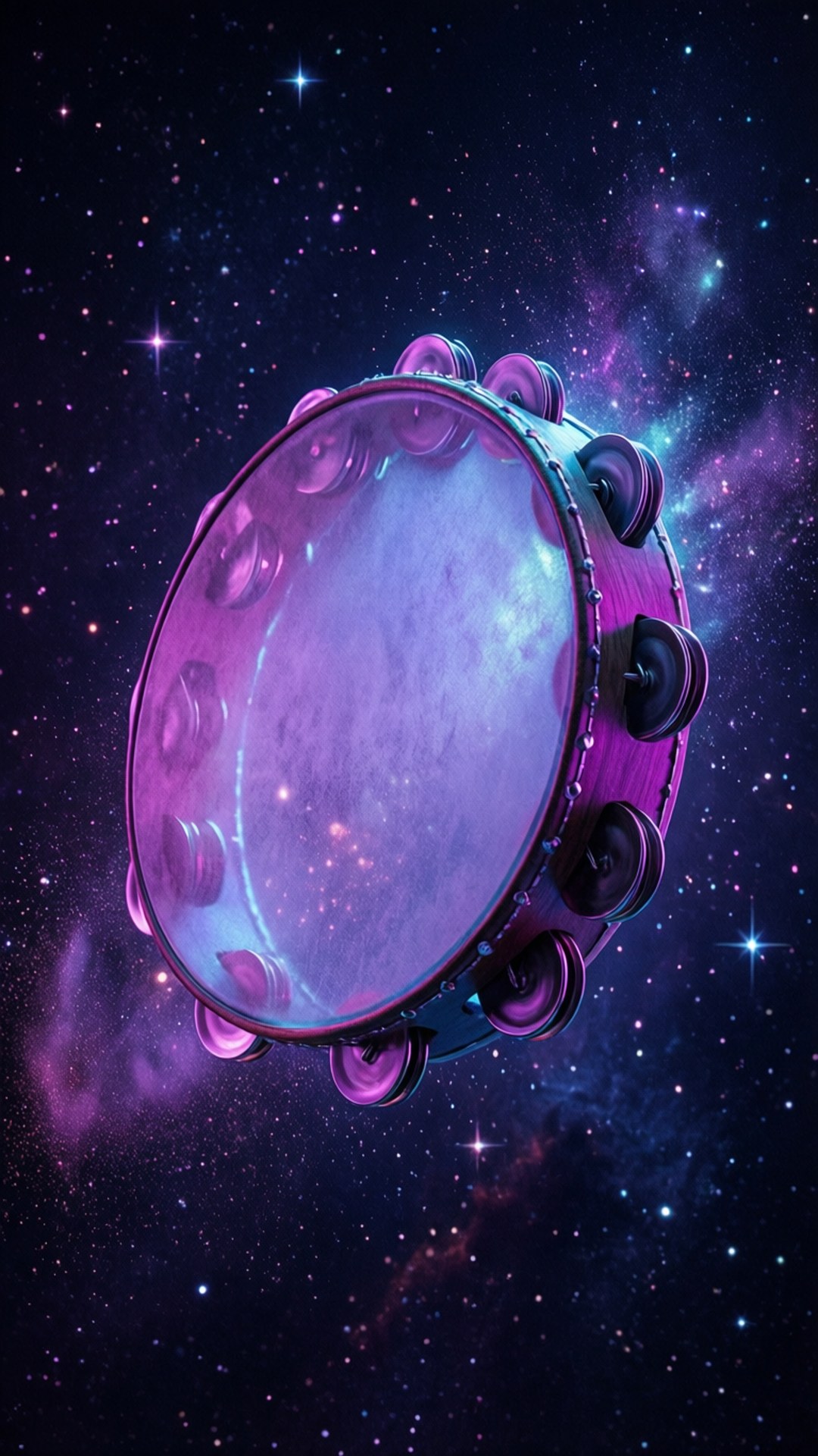 一個紫色鈴鼓漂浮在星光閃爍的宇宙星雲中，有發光的星星和彩色雲朵。