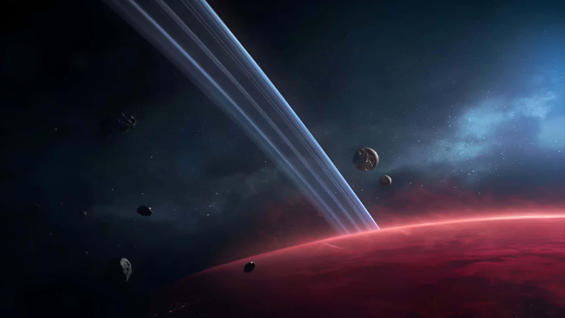  壁紙 — 宇宙景觀顯示一顆紅色行星，帶有發光環和漂浮的小行星，背景是繁星點點的星雲天空。