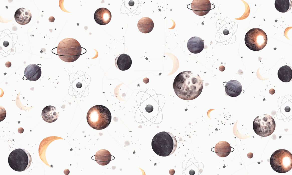  壁紙 — 一個宇宙風格的牆紙圖案，包含風格化的行星、衛星和原子符號，漂浮在柔和的白色背景上。