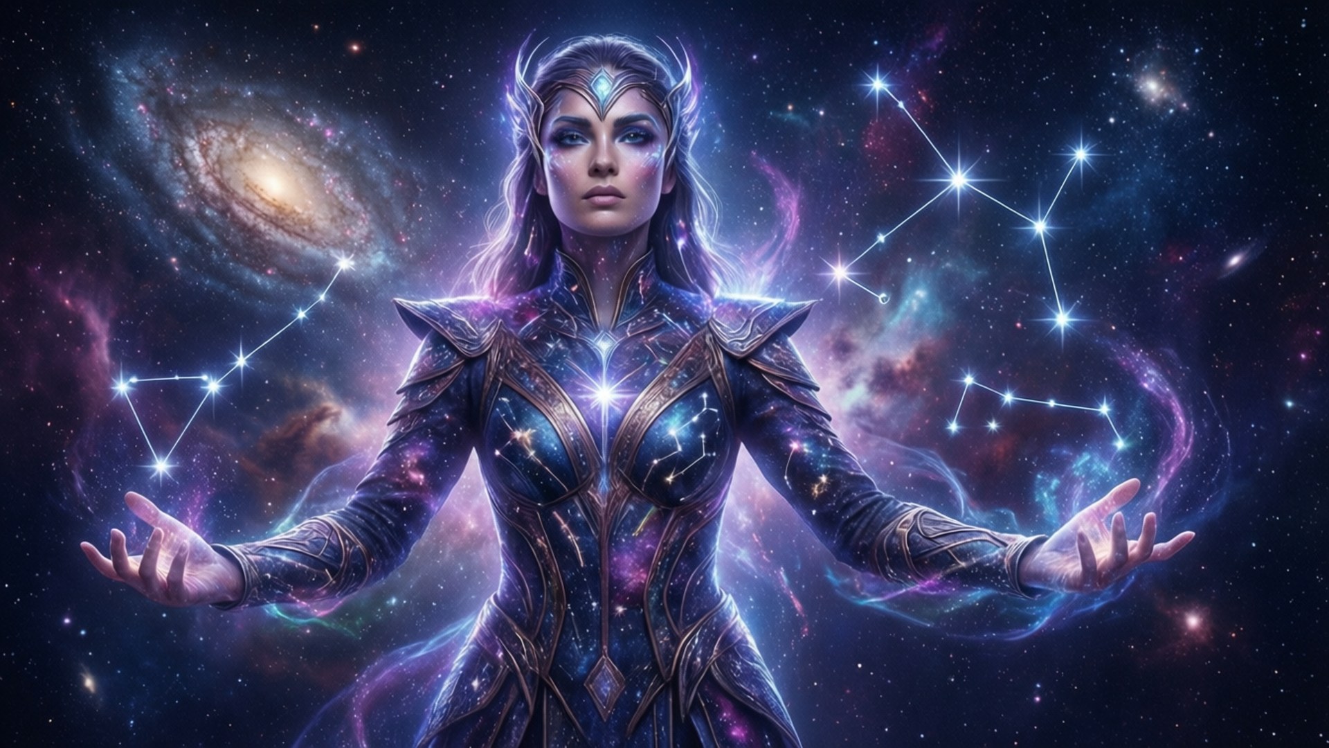 Valorant Agents 桌布 壁紙 — 一位帶有發光角及星紋盔甲的宇宙戰士站在銀河中，雙臂張開，星座在她周圍形成。