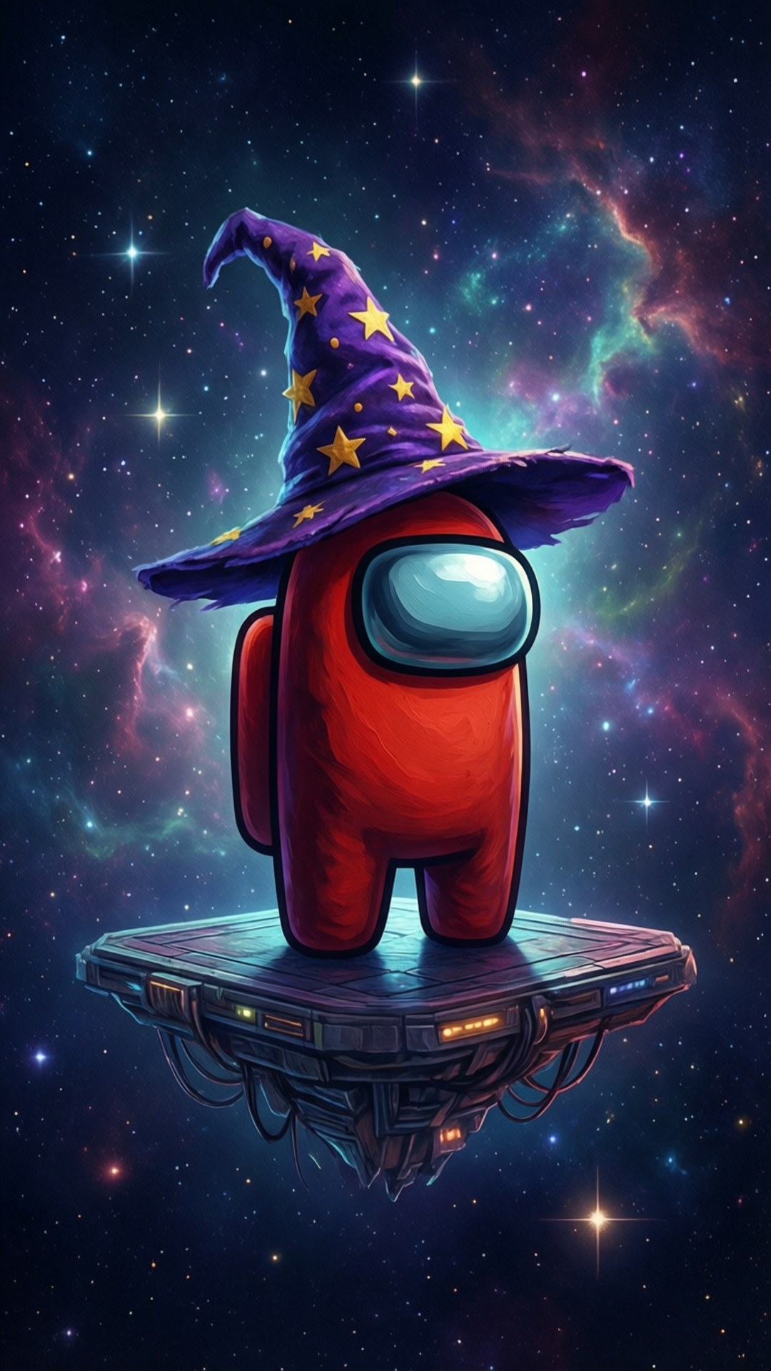 紅色Among Us角色戴巫師帽喺太空船上漂浮喺星空。