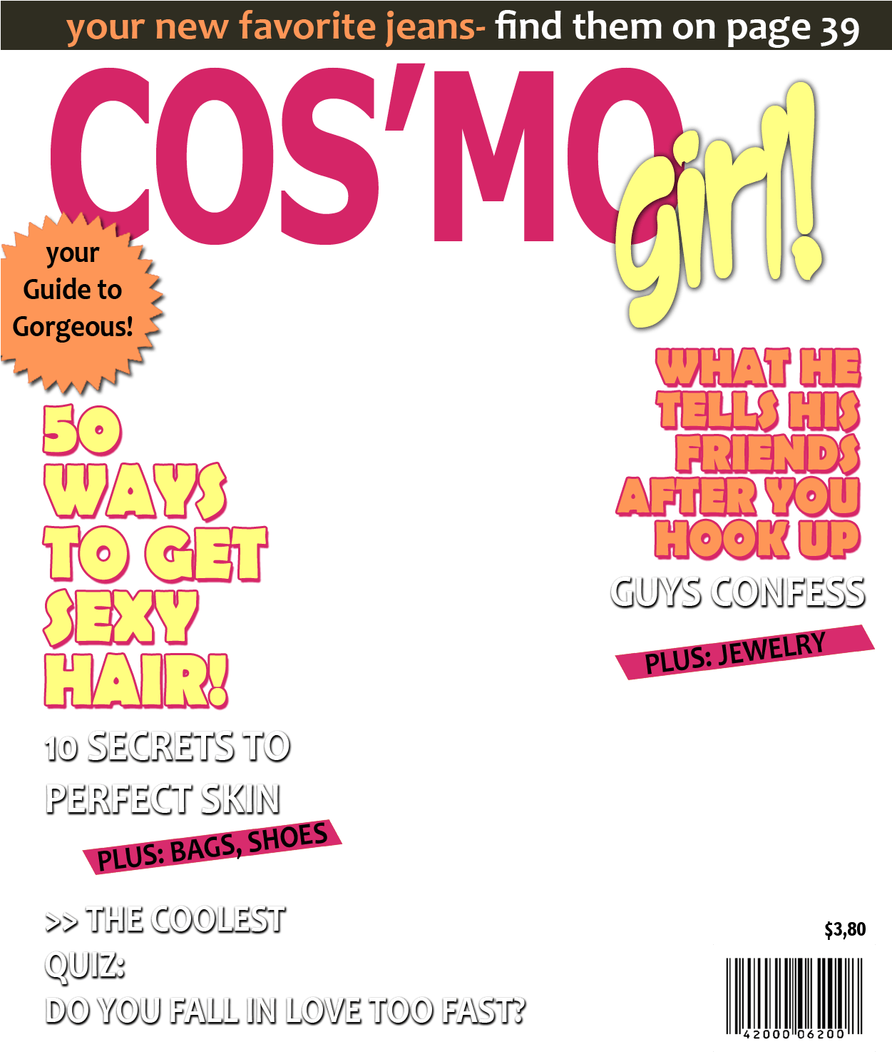 《Cosmopolitan》雜誌封面美容貼士 壁紙 — 在黑色背景上大膽多彩的文字為 Cosmo Girl 雜誌封面推廣時尚、美容和關係測驗。