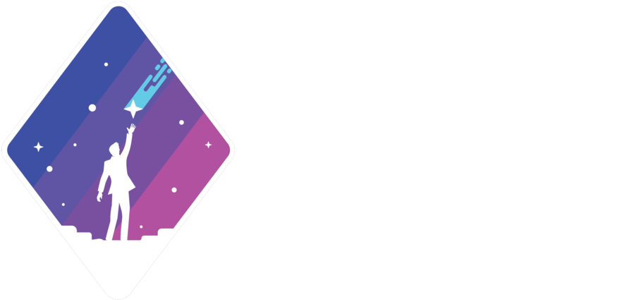 Cosmos標誌與太空人及衛星 壁紙 — 一個風格化的剪影在鑽石框架內，向著漸變宇宙天空中的流星伸手向上。