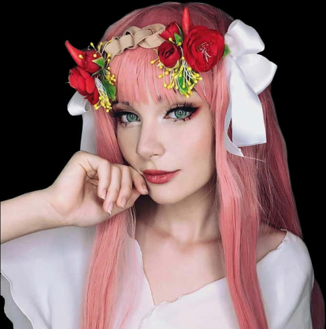 零二花冠造型Cosplay 壁紙 — 一位粉紅頭髮、戴著紅色花冠的女性，在黑色背景下溫柔地凝視。