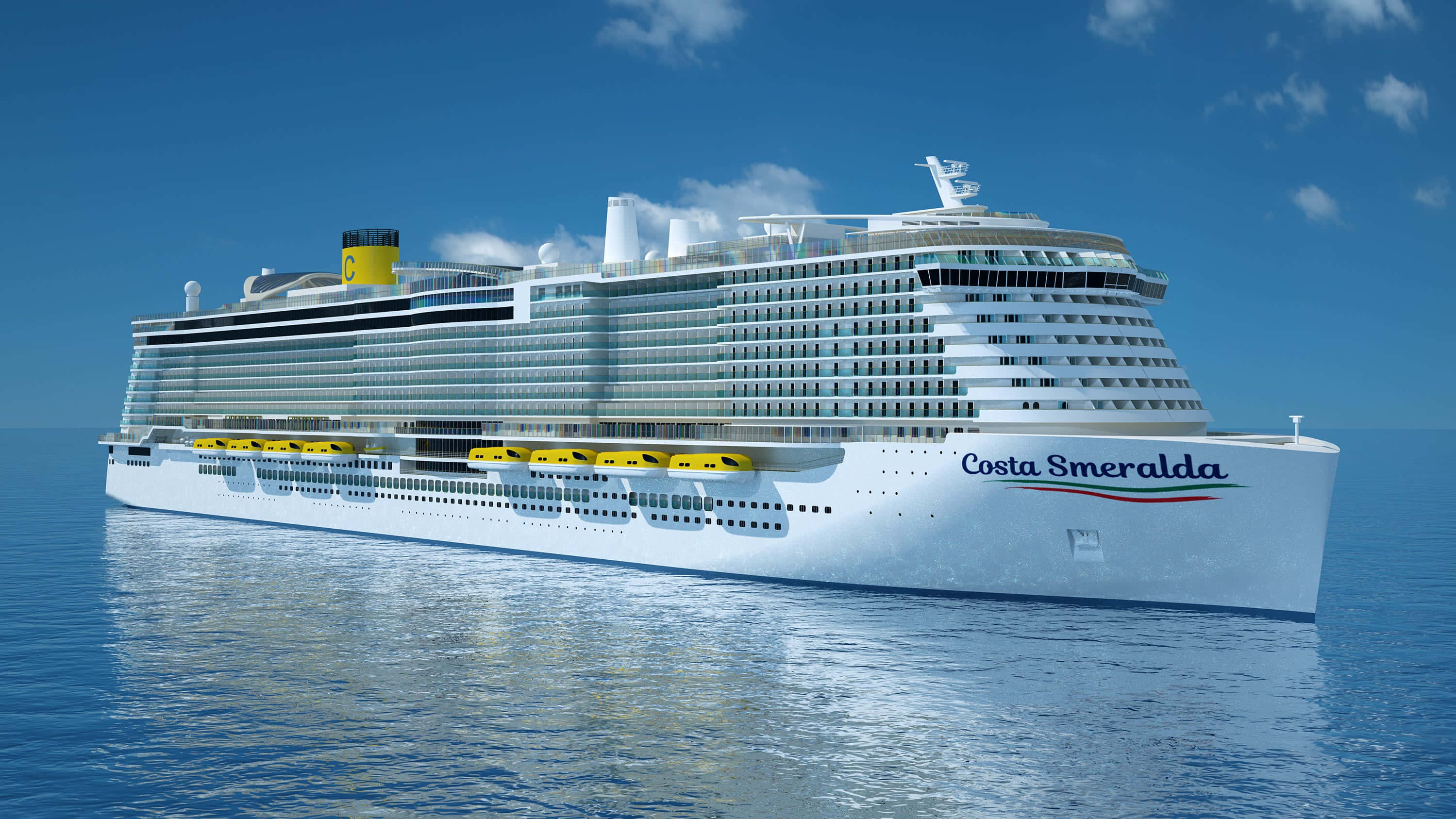 Cruise Ship 桌布 壁紙 — Costa Smeralda 郵輪在晴朗的天空下，伴隨著蓬鬆的白雲，優雅地航行在平靜的藍色海面上。
