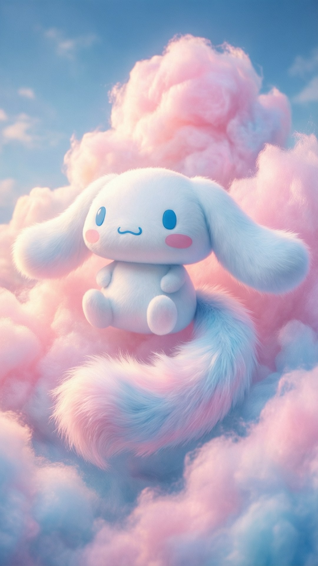 一隻藍眼睛的 fluffy 白色兔子坐在粉紅色和藍色棉花糖雲上。