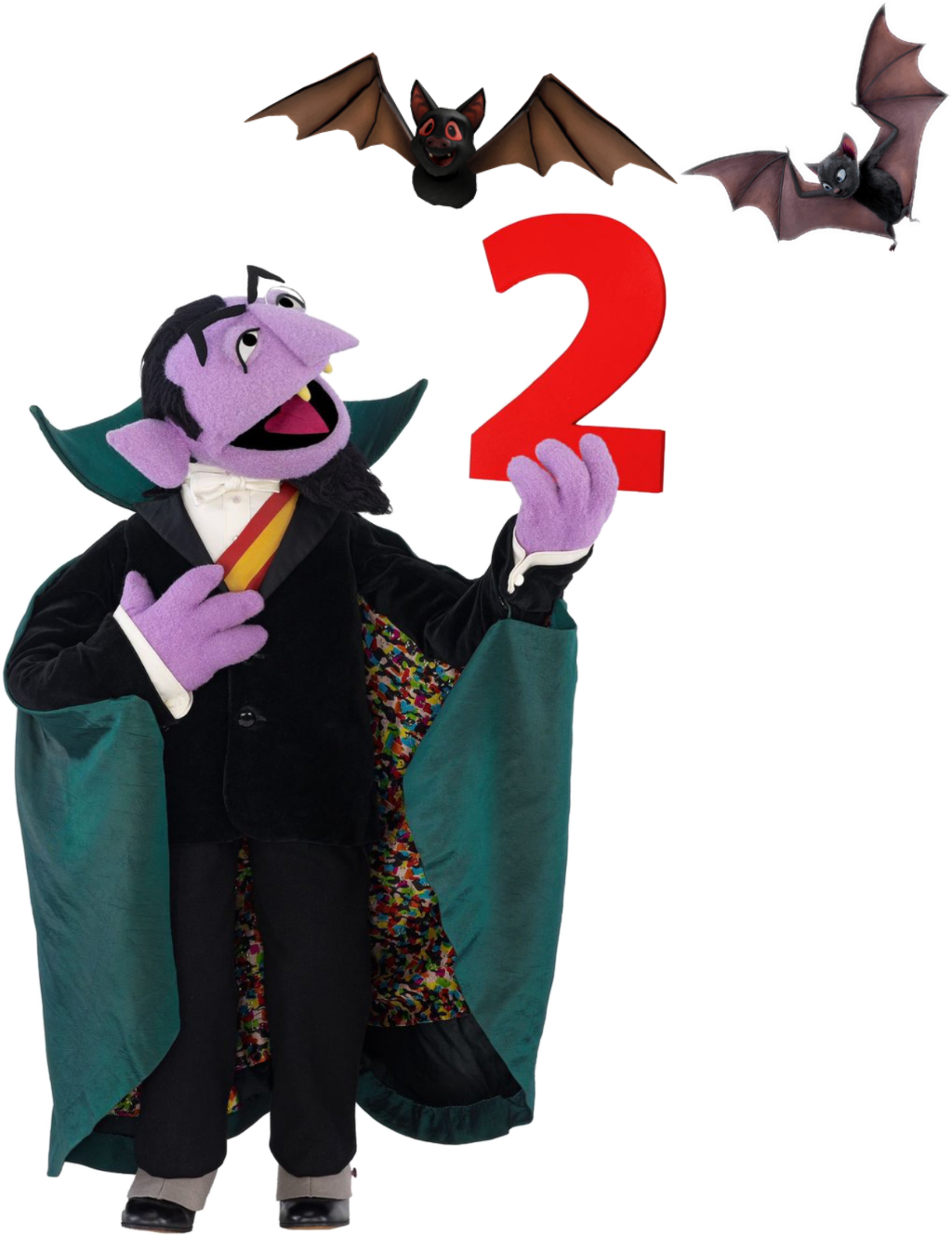 數字二與蝙蝠的Count von Count 壁紙 — 一個紫色嘅木偶吸血鬼，著住黑色西裝同綠色斗篷，拎住一個紅色嘅數字二，附近有兩隻蝙蝠喺黑色背景前飛緊。