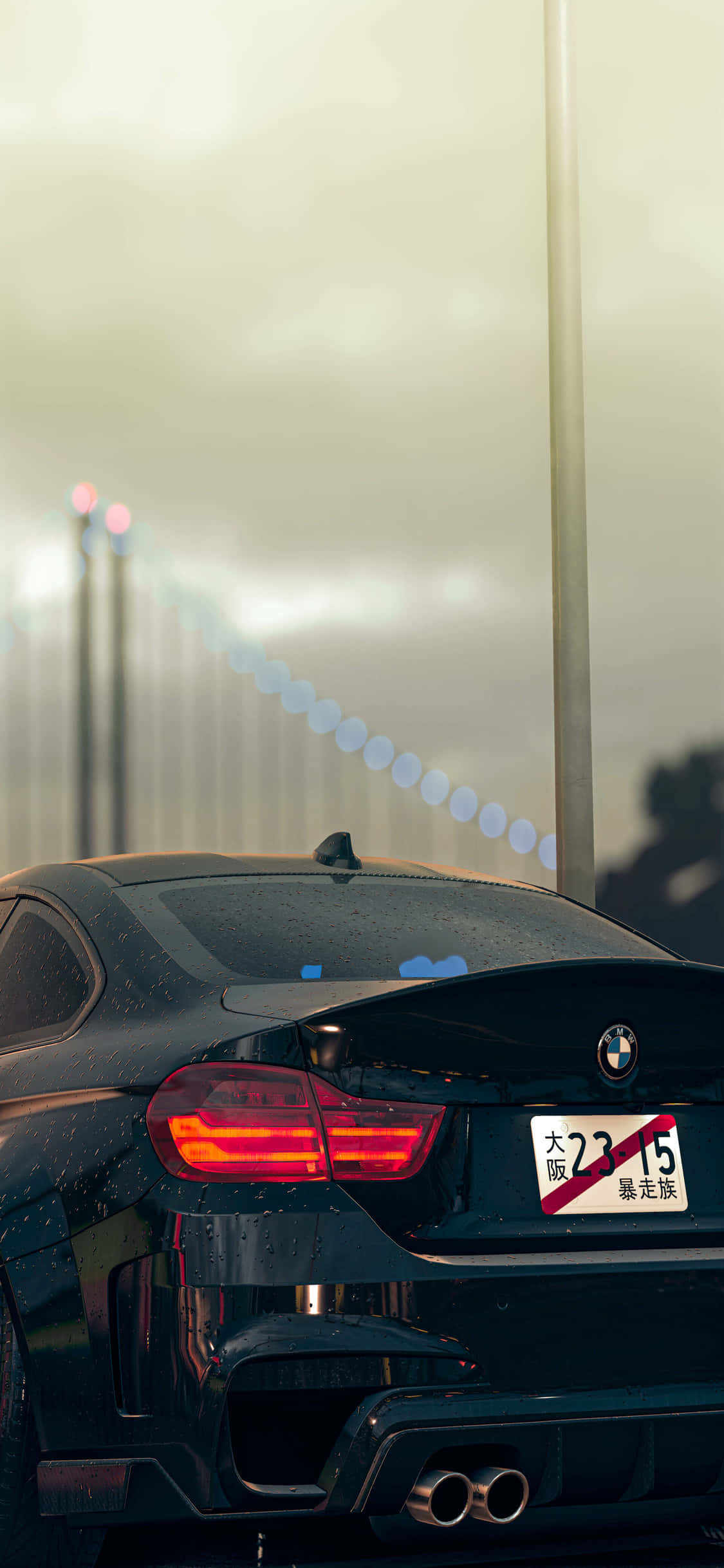 流暢的寶馬 Coupe 配上經典的 Apple iPhone X。 壁紙 — 一輛時尚的黑色BMW跑車，紅色尾燈發光，停泊在霧氣瀰漫的天橋下，背景有模糊的燈光。