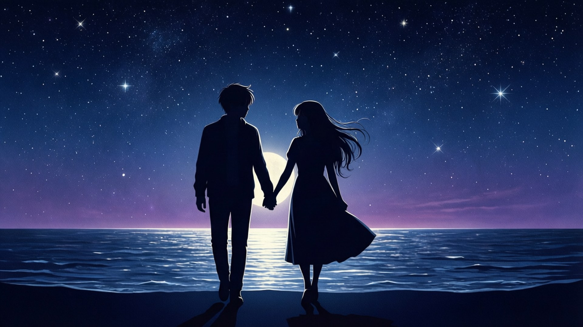 ReLIFE 桌布 壁紙 — 一對情侶手牽手沿著星光閃爍的海灘在夜晚漫步，身後有一輪發光的月亮。