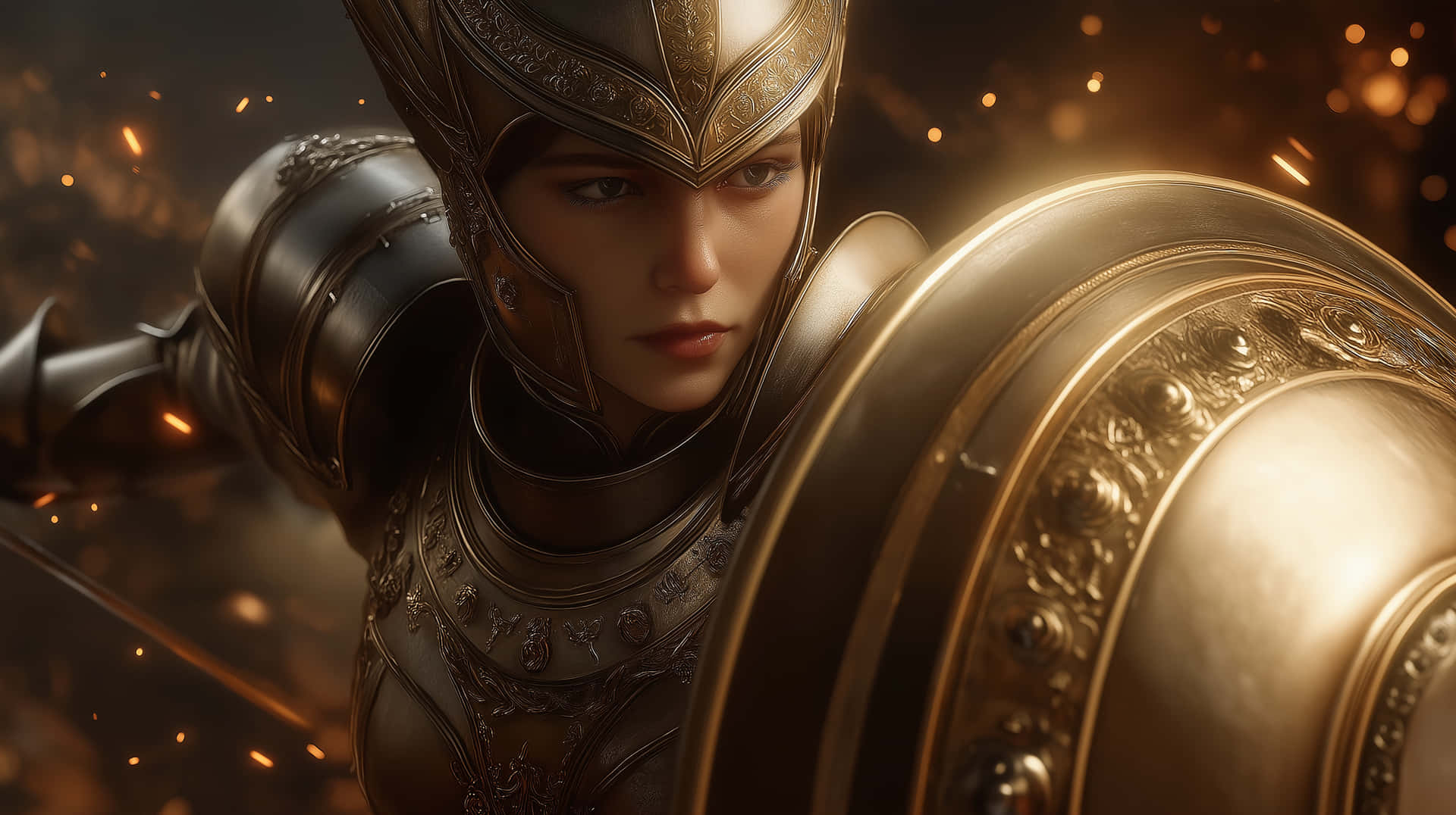 Courageous Female Warrior in Regal Combat Gear 壁紙 — 一位身穿華麗金色盔甲的女戰士，手持精細盾牌，火花在她周圍飛舞，戲劇性的特寫。