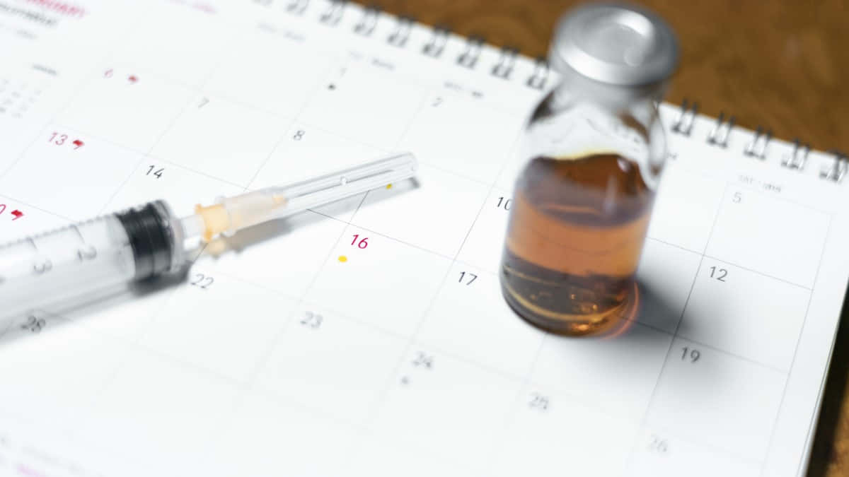 醫療注射器和小瓶在顯示日期16的日曆上。
