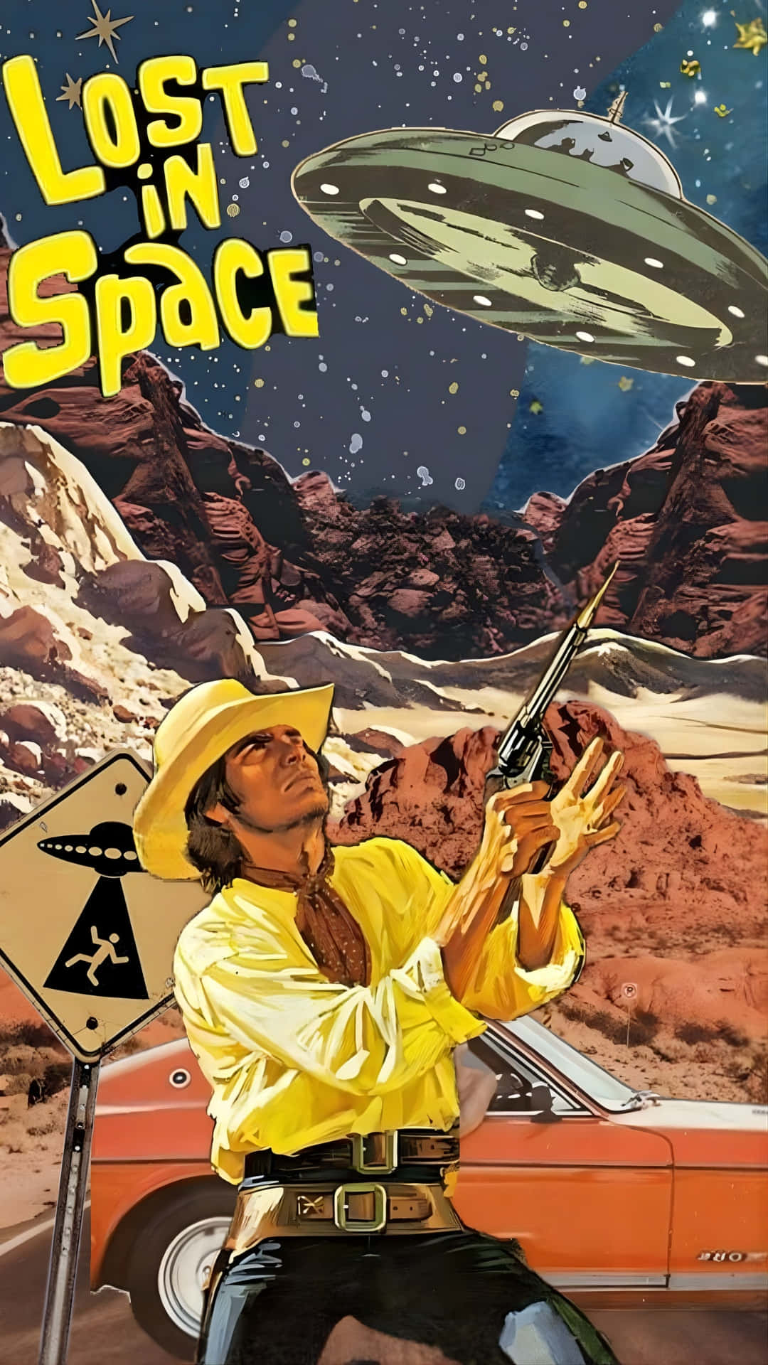  壁紙 — 一個穿著黃色襯衫的牛仔，在星空下用步槍瞄準一個盤旋在沙漠峽谷上空的UFO。