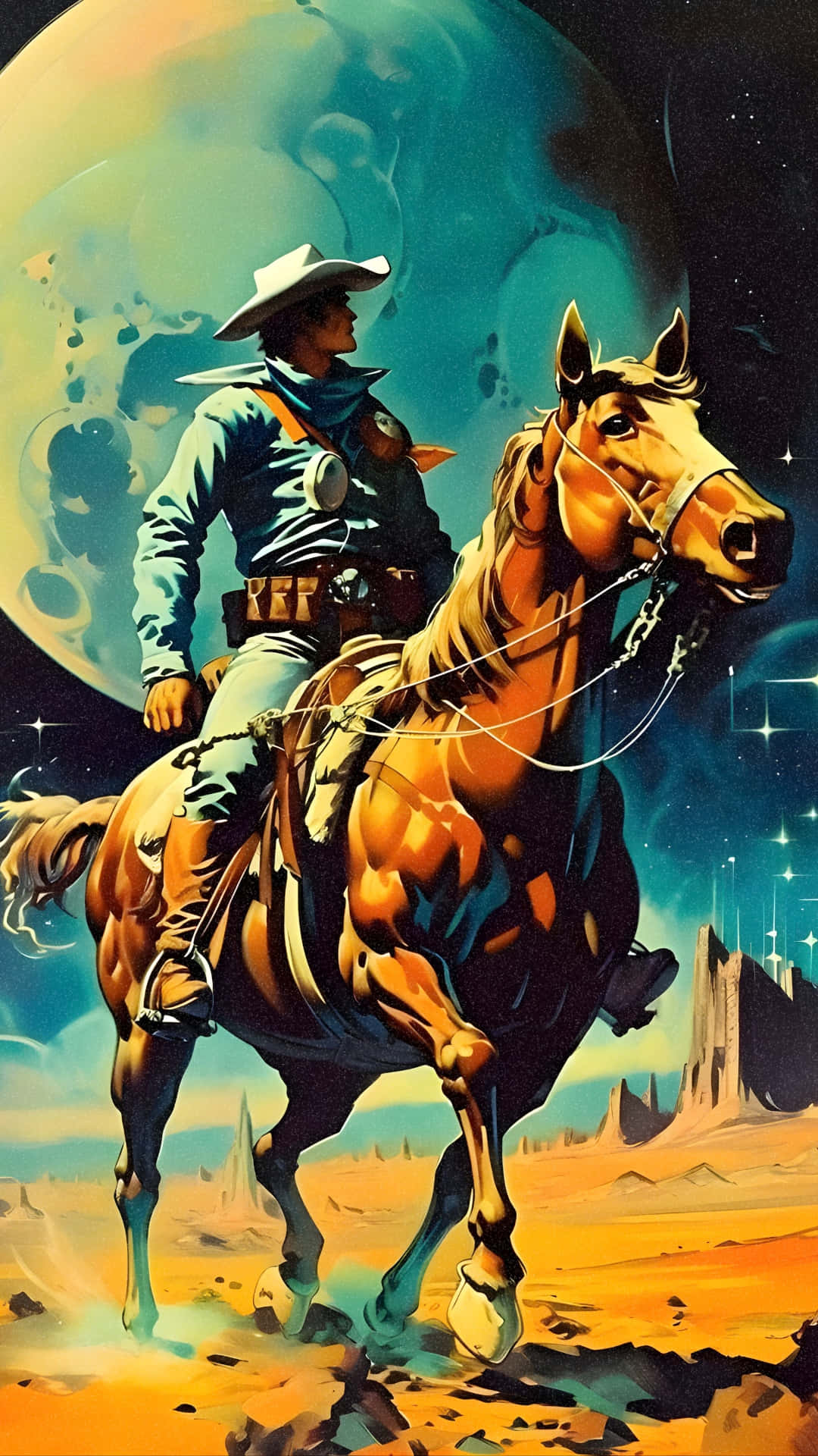  壁紙 — 一個牛仔騎著一匹強壯的馬穿越沙漠，在巨大的發光月亮下，呈現出充滿活力的科幻西部場景。