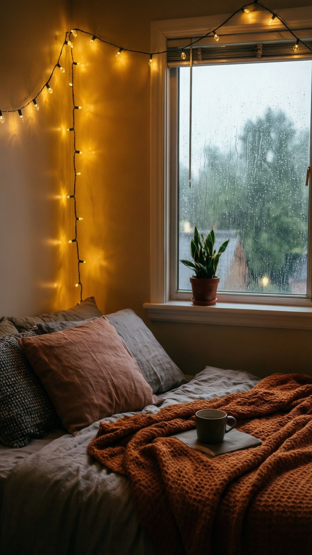 Rainy Hygge Corner 壁紙 — 舒適的床，溫暖的串燈在雨窗前閃爍，窗台上有一盆盆栽。