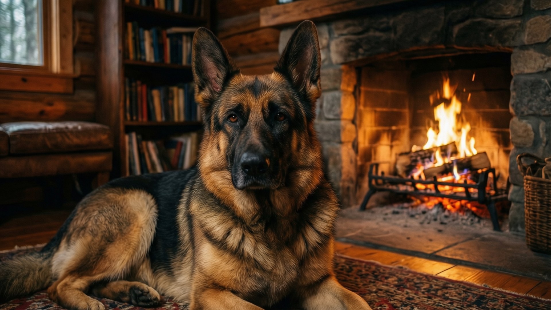 德國牧羊犬躺在木屋壁爐前的地毯上