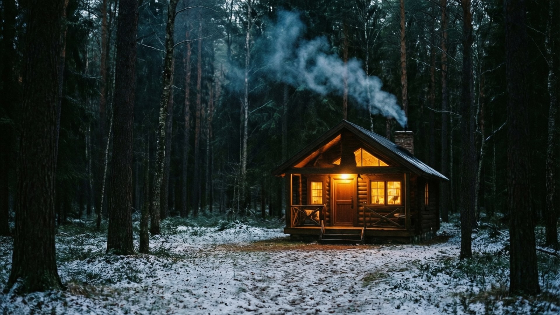 夜晚雪地森林中一間燈火通明的木屋，煙囪升起裊裊炊煙。
