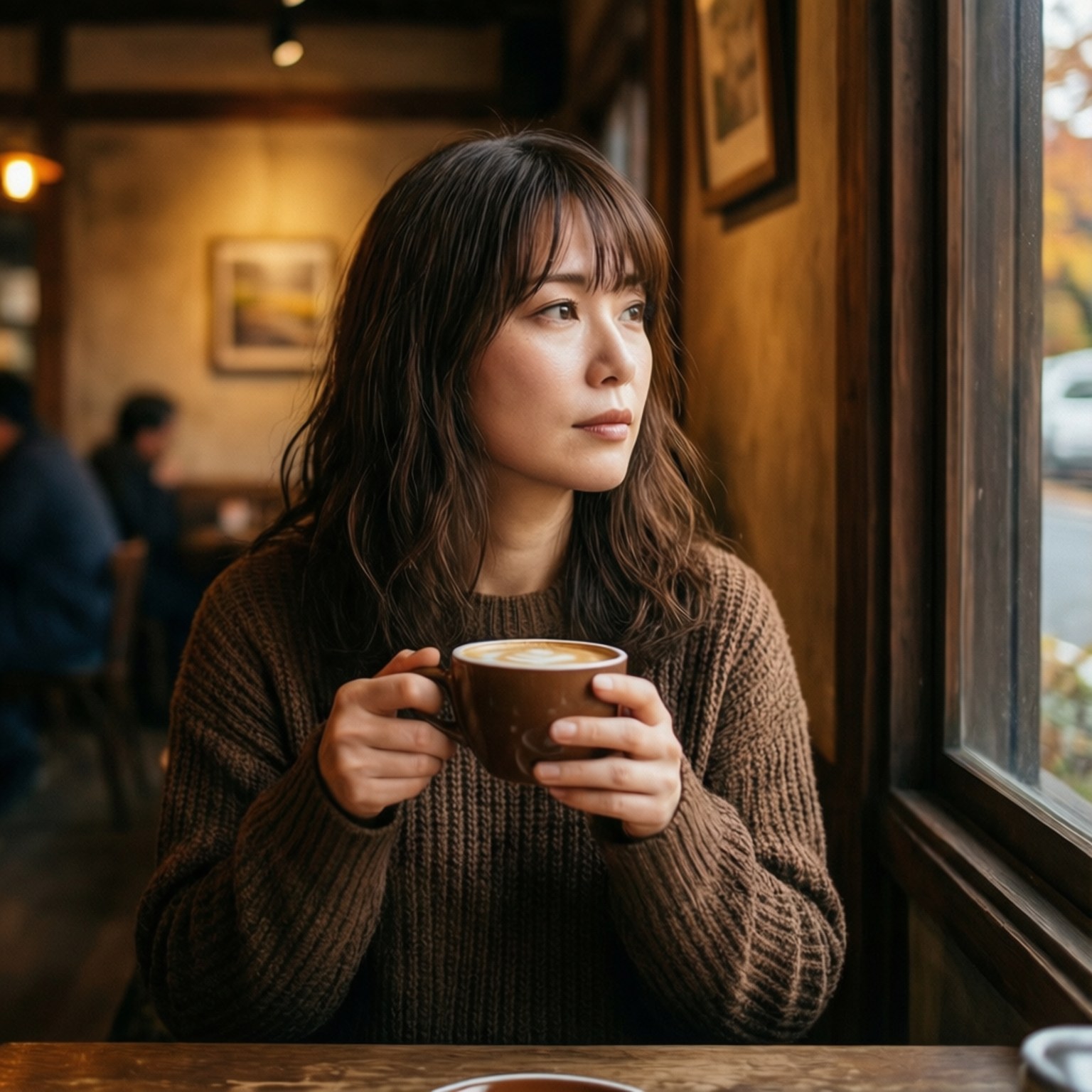 穿著棕色毛衣的女性拿著咖啡杯，在舒適的咖啡館裡望著窗外。