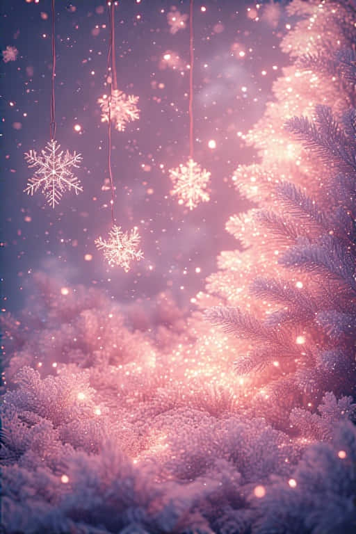 被霜覆蓋的松樹被柔和的粉紅色燈光照亮，雪花在空中飄浮。