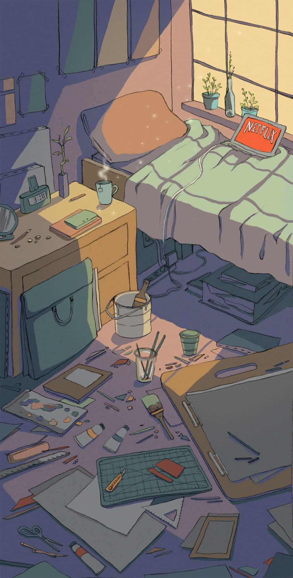 School Aesthetic 桌布 壁紙 — 一個舒適凌亂的藝術家臥室，沐浴在溫暖的日落光線中，床上放著一部手提電腦，周圍散落著各種藝術用品。